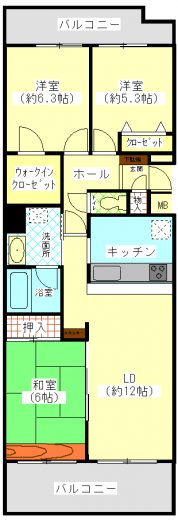 3LDK　専有面積77.44㎡　バルコニー面積18.88㎡(間取)