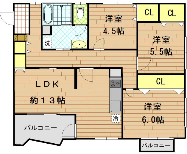 ３LDK　専有面積71.04㎡　全室フローリング(間取)